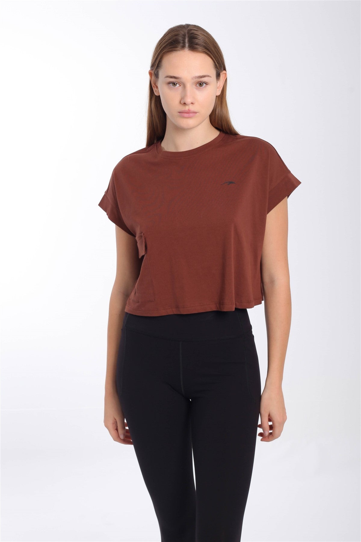 Comfort Kadın Bisiklet Yaka Kahverengi Crop Top
