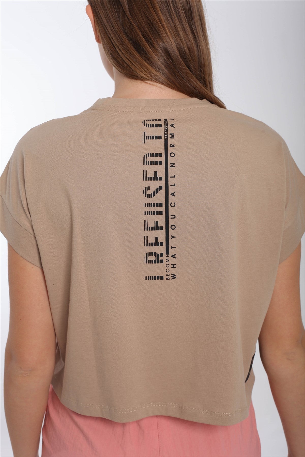 Comfort Kadın Bisiklet Yaka Bej Crop Top