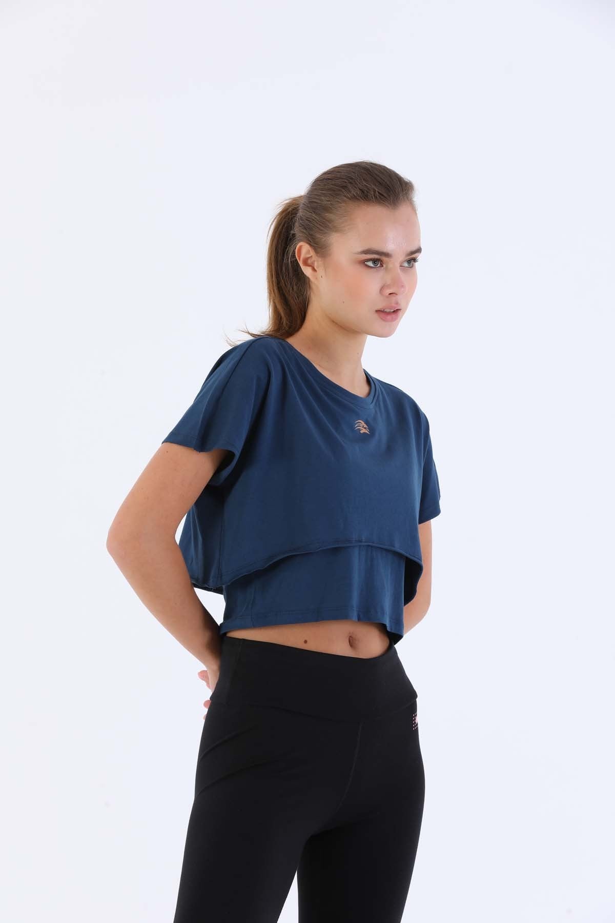 Comfort Kadın Bisiklet Yaka Lacivertmelanj Crop Top