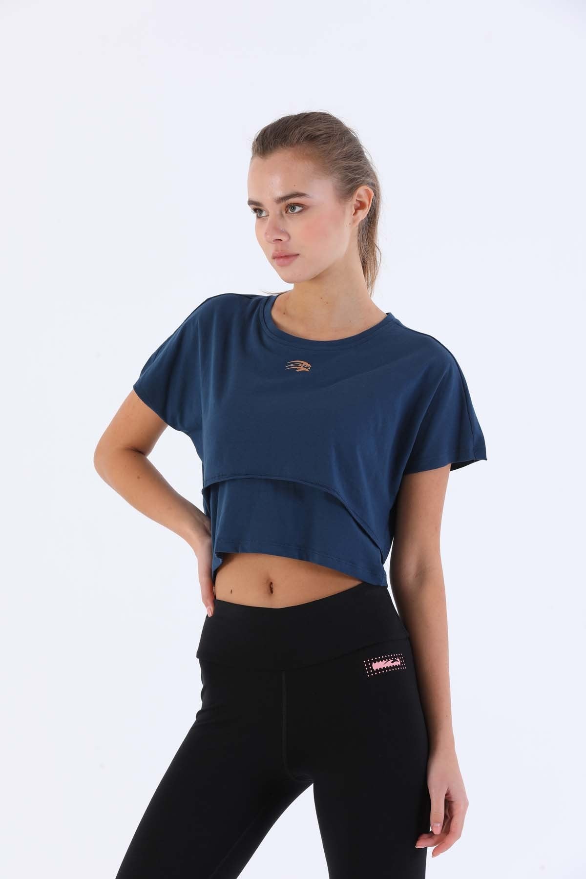 Comfort Kadın Bisiklet Yaka Lacivertmelanj Crop Top