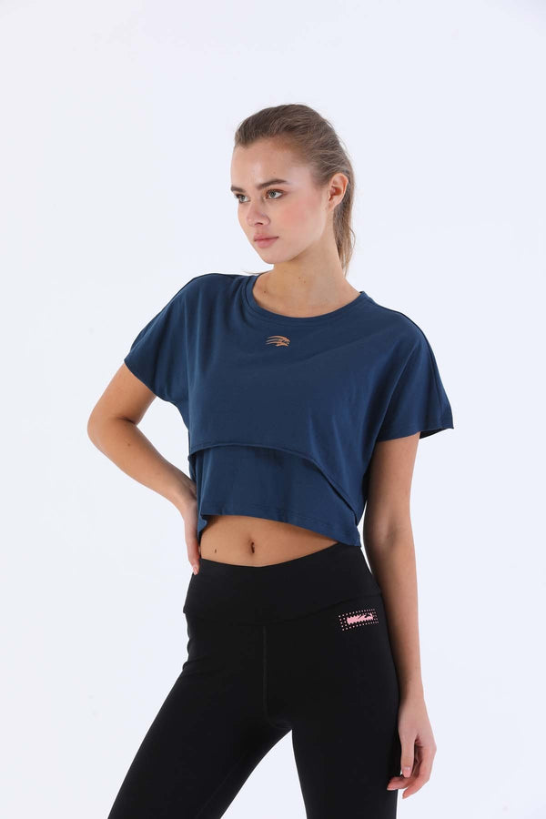 Comfort Kadın Bisiklet Yaka Lacivertmelanj Crop Top