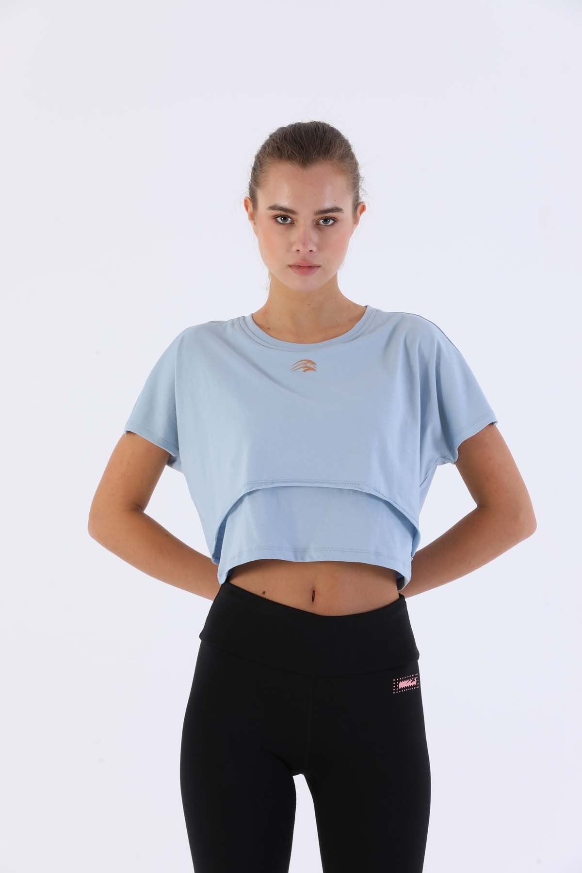 Comfort Kadın Bisiklet Yaka Açık Mavi Crop Top