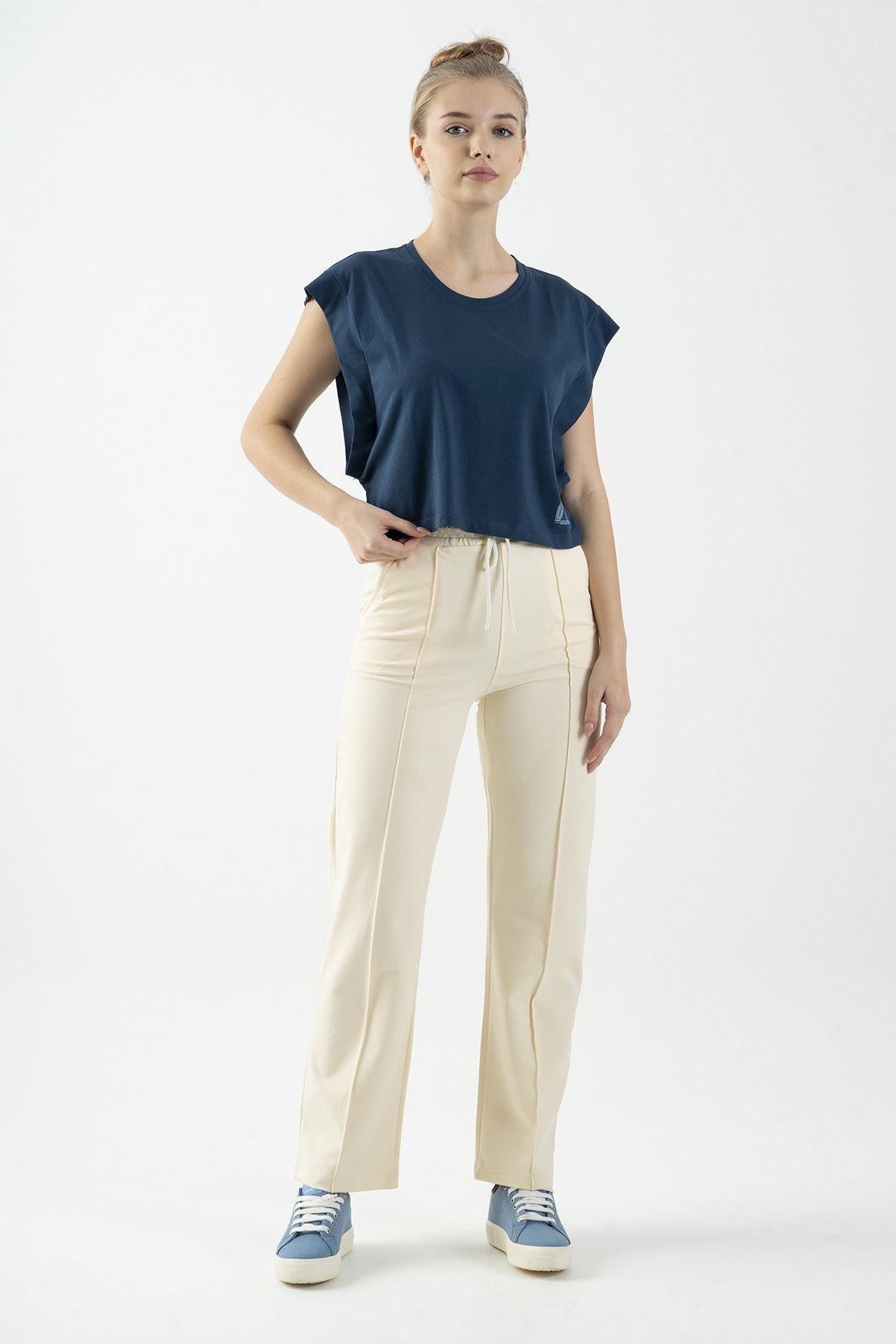 Regular Kadın Bisiklet Yaka Lacivertmelanj Crop Top