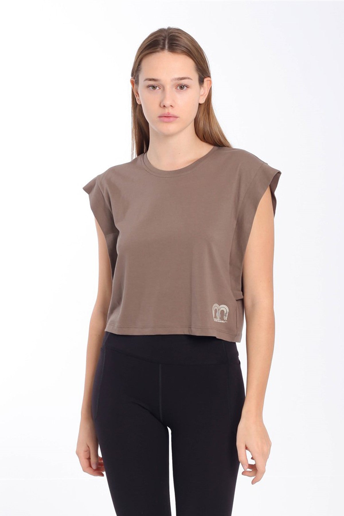 Regular Kadın Bisiklet Yaka Kahverengi Crop Top