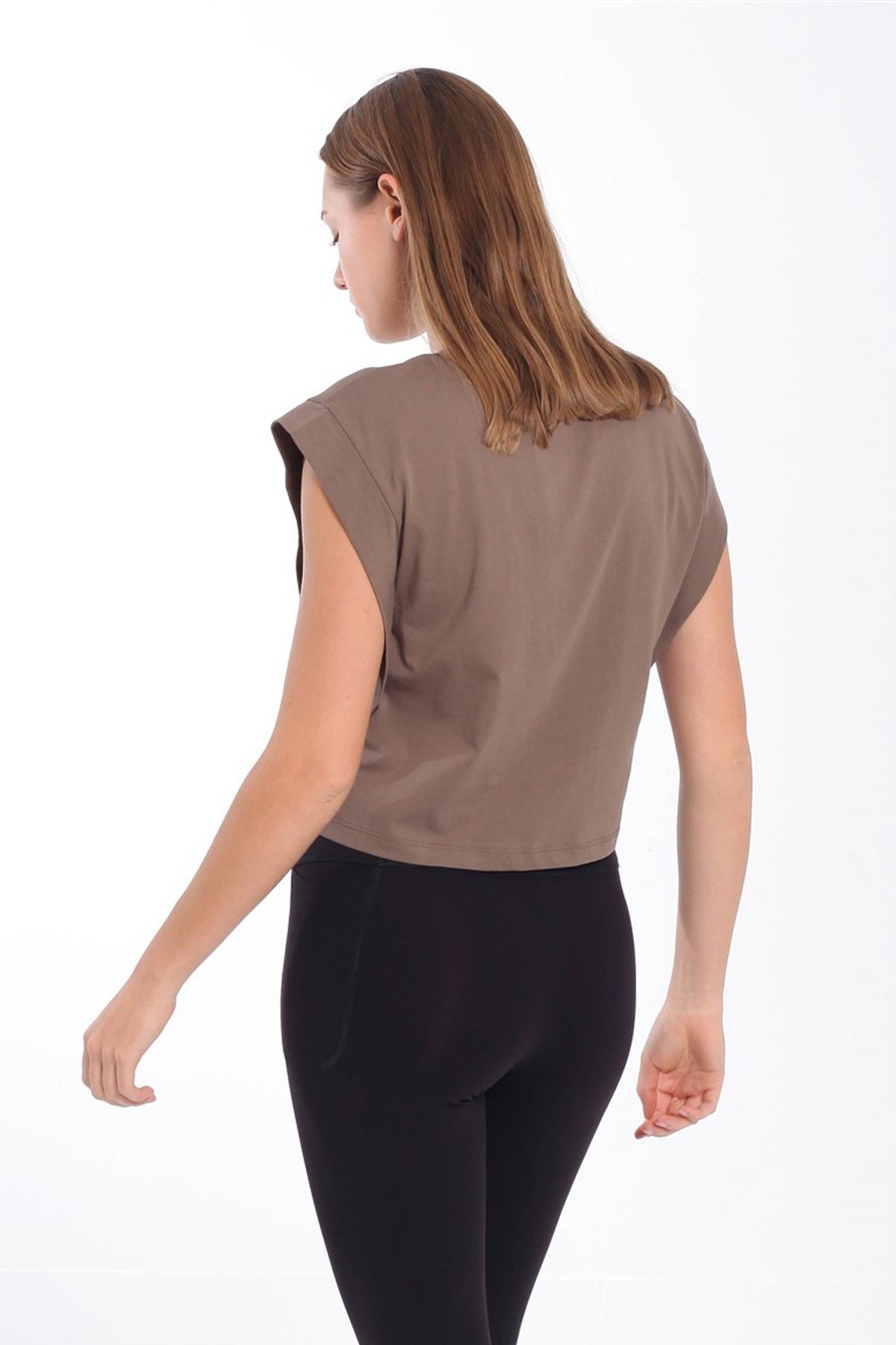 Regular Kadın Bisiklet Yaka Kahverengi Crop Top