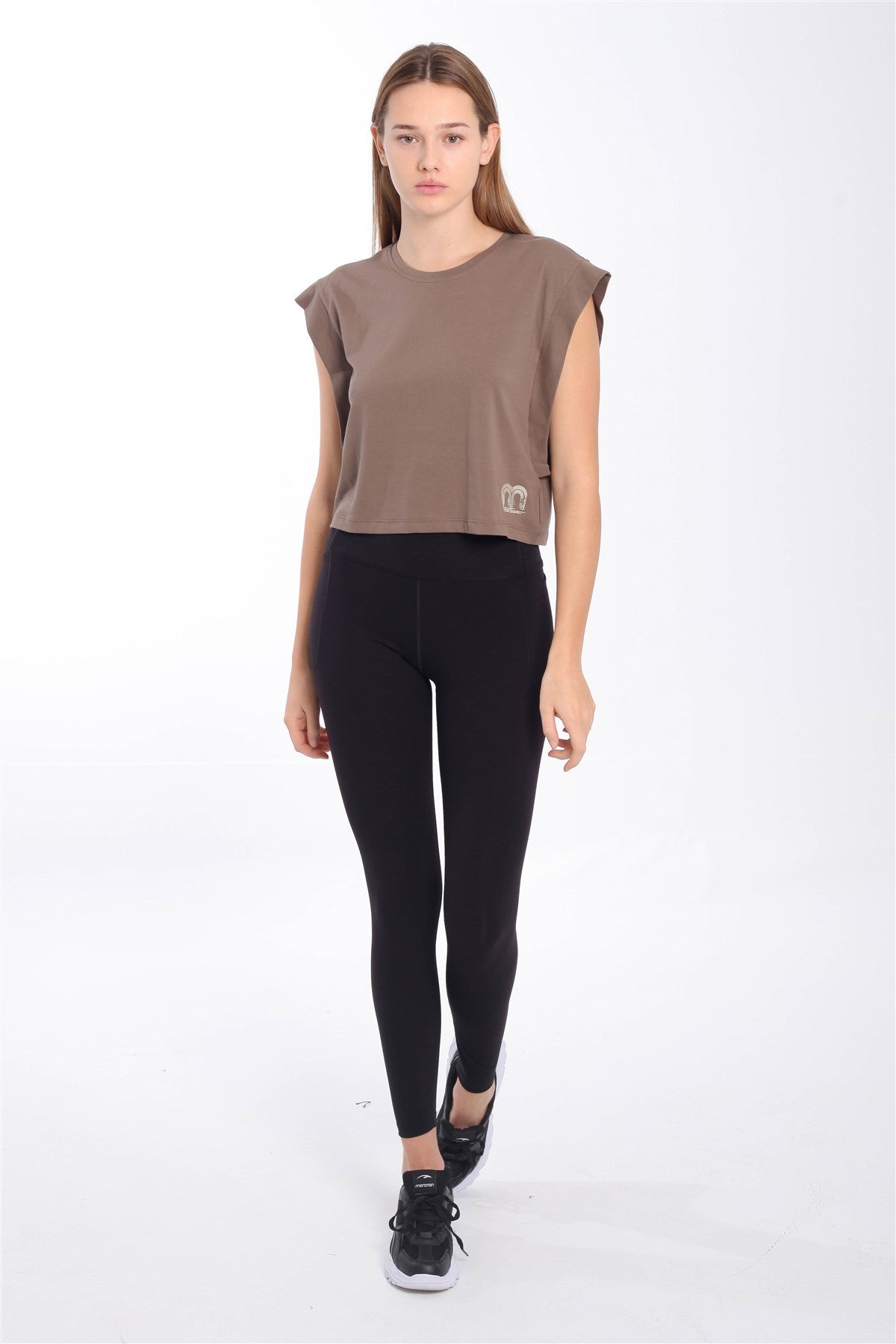 Regular Kadın Bisiklet Yaka Kahverengi Crop Top