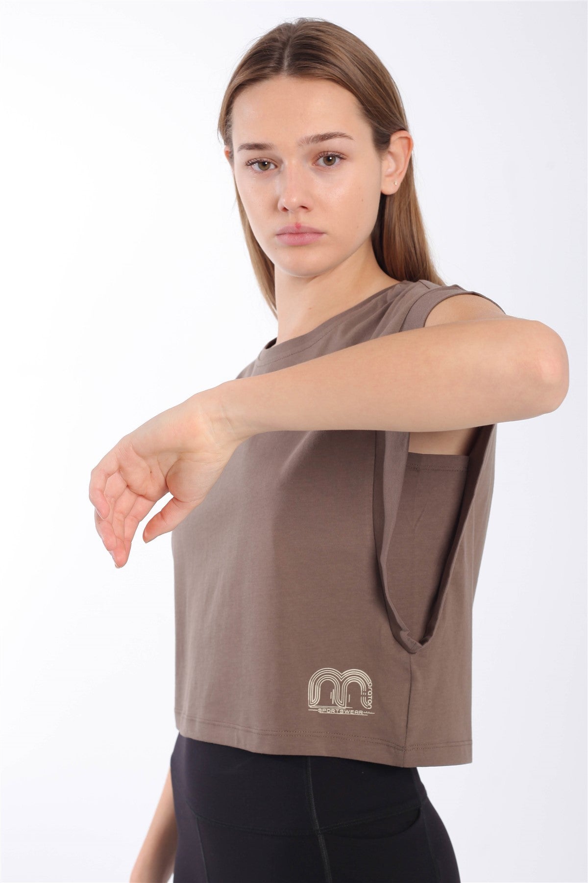 Regular Kadın Bisiklet Yaka Kahverengi Crop Top