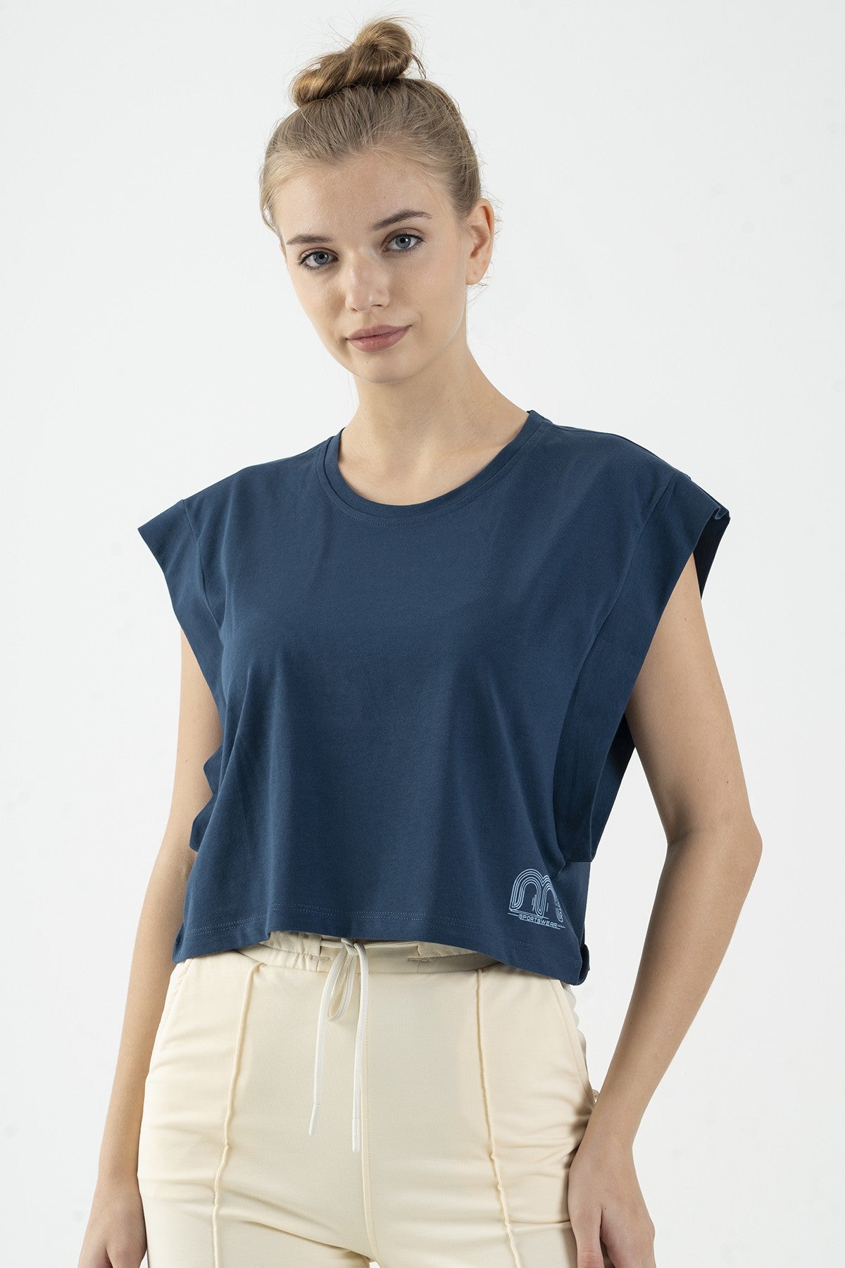 Regular Kadın Bisiklet Yaka Lacivertmelanj Crop Top