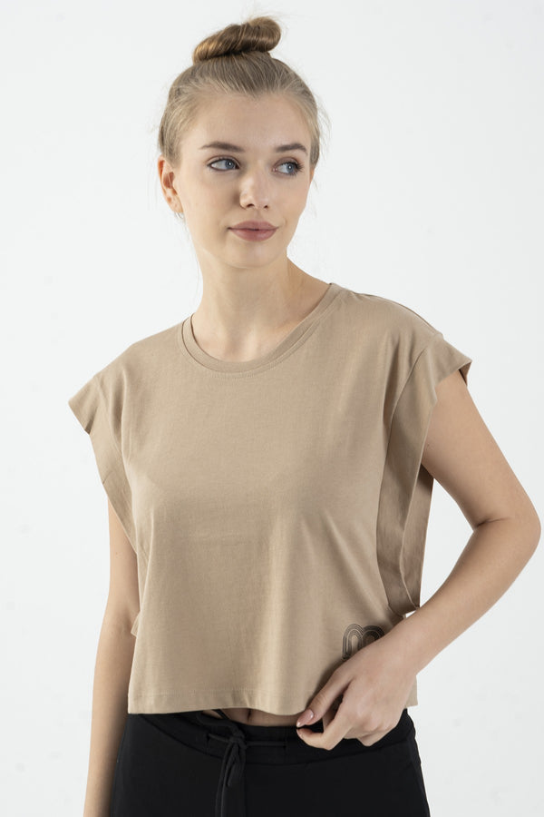 Regular Kadın Bisiklet Yaka Bej Crop Top