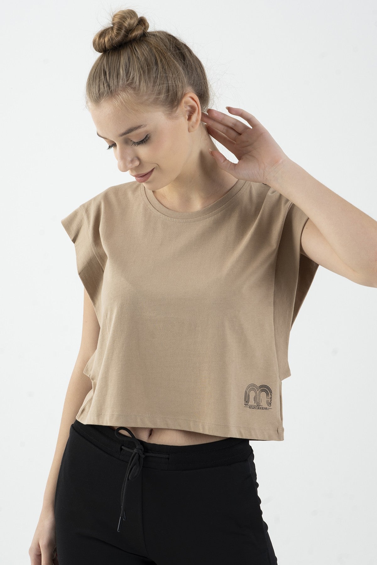 Regular Kadın Bisiklet Yaka Bej Crop Top