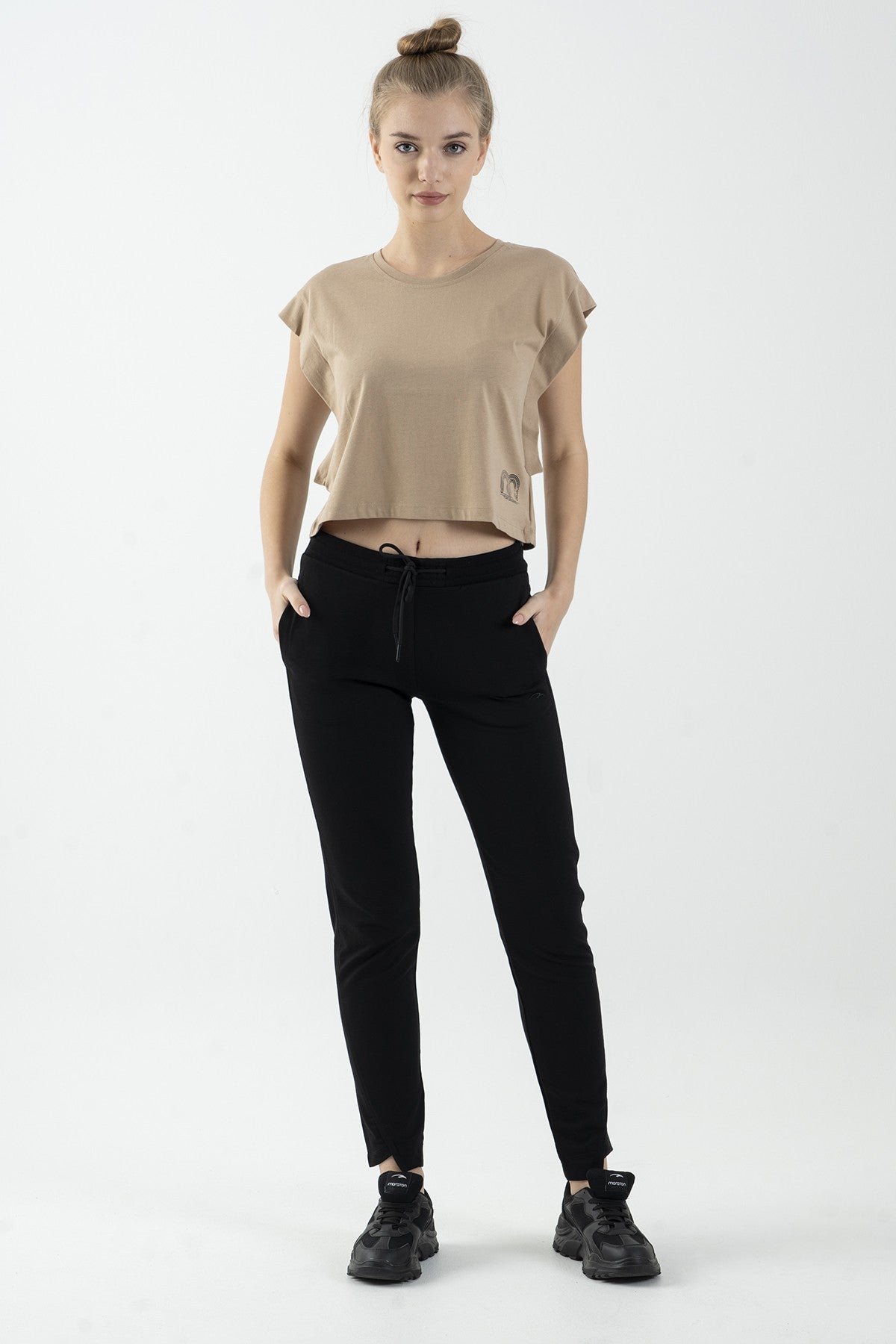 Regular Kadın Bisiklet Yaka Bej Crop Top