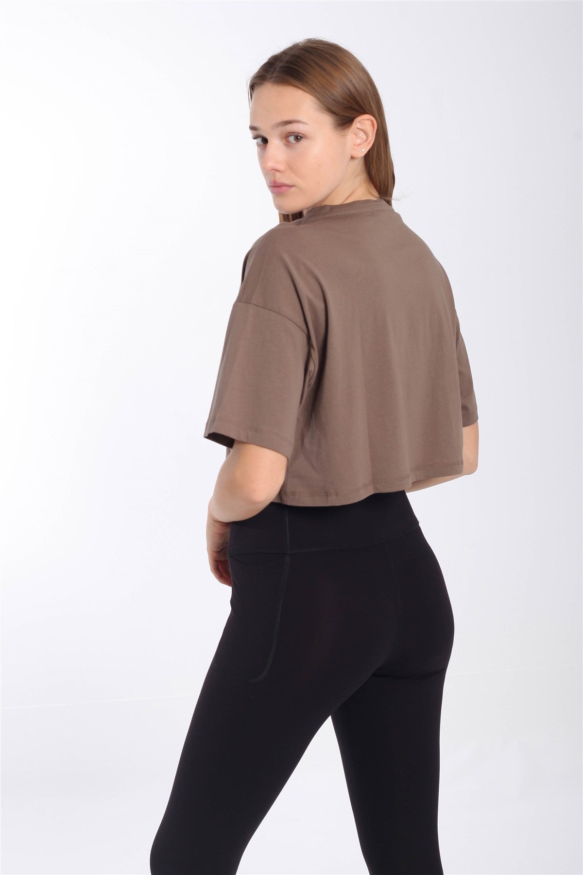 Comfort Kadın Bisiklet Yaka Kahverengi Crop Top