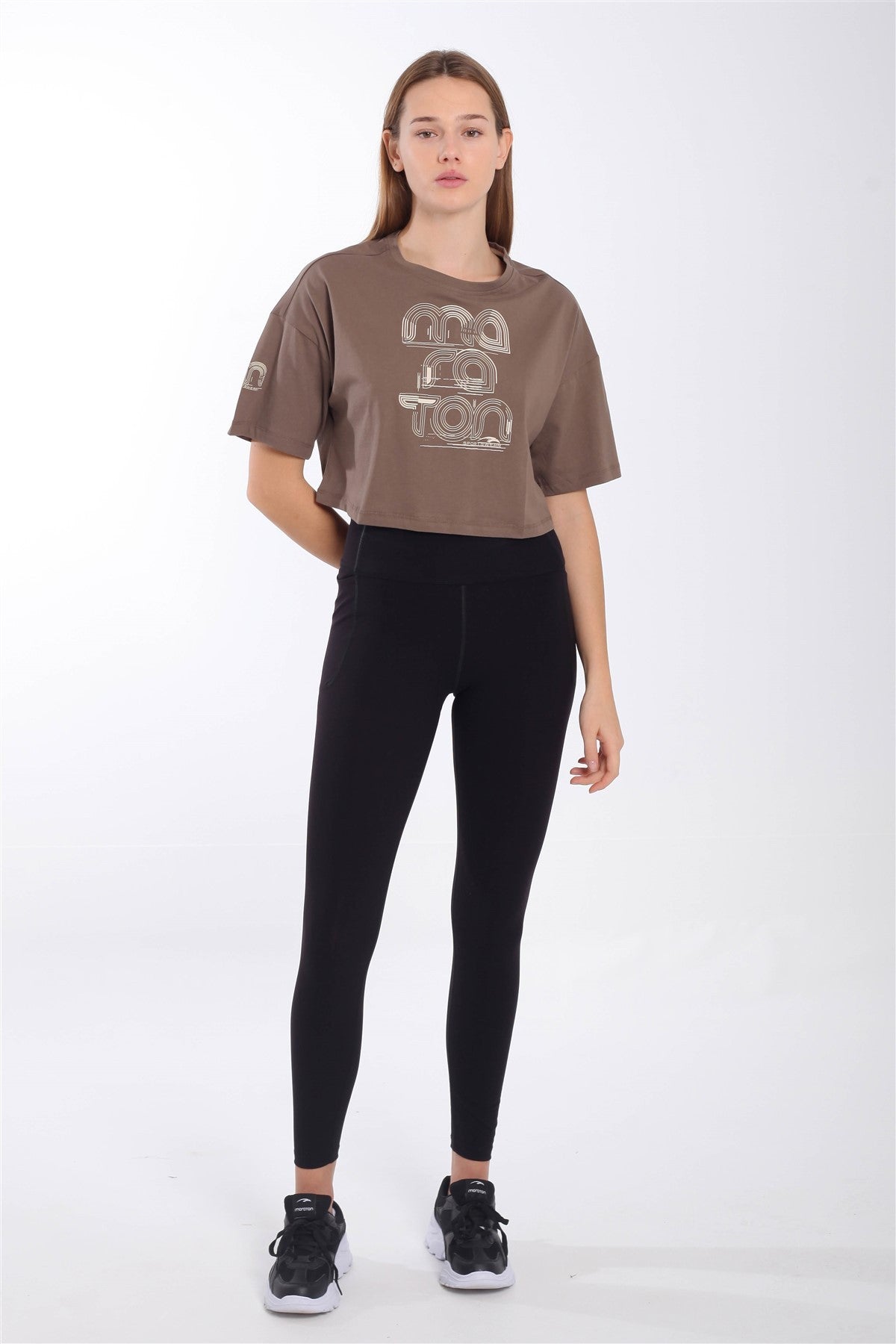 Comfort Kadın Bisiklet Yaka Kahverengi Crop Top