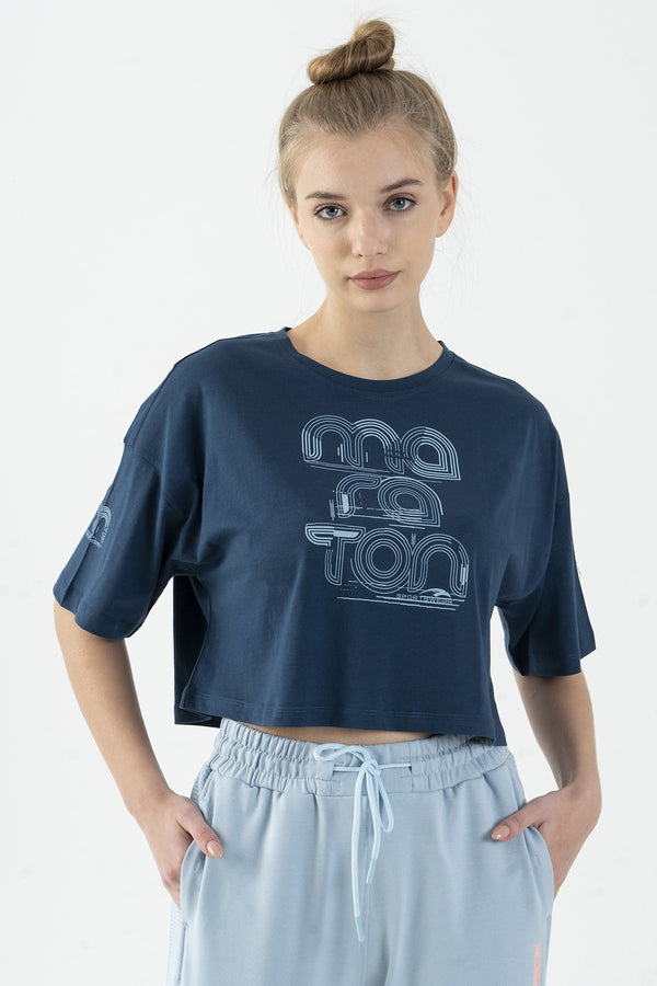 Comfort Kadın Bisiklet Yaka Lacivertmelanj Crop Top