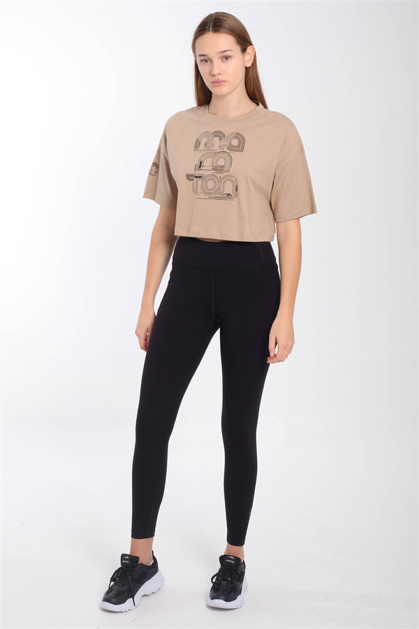 Comfort Kadın Bisiklet Yaka Bej Crop Top