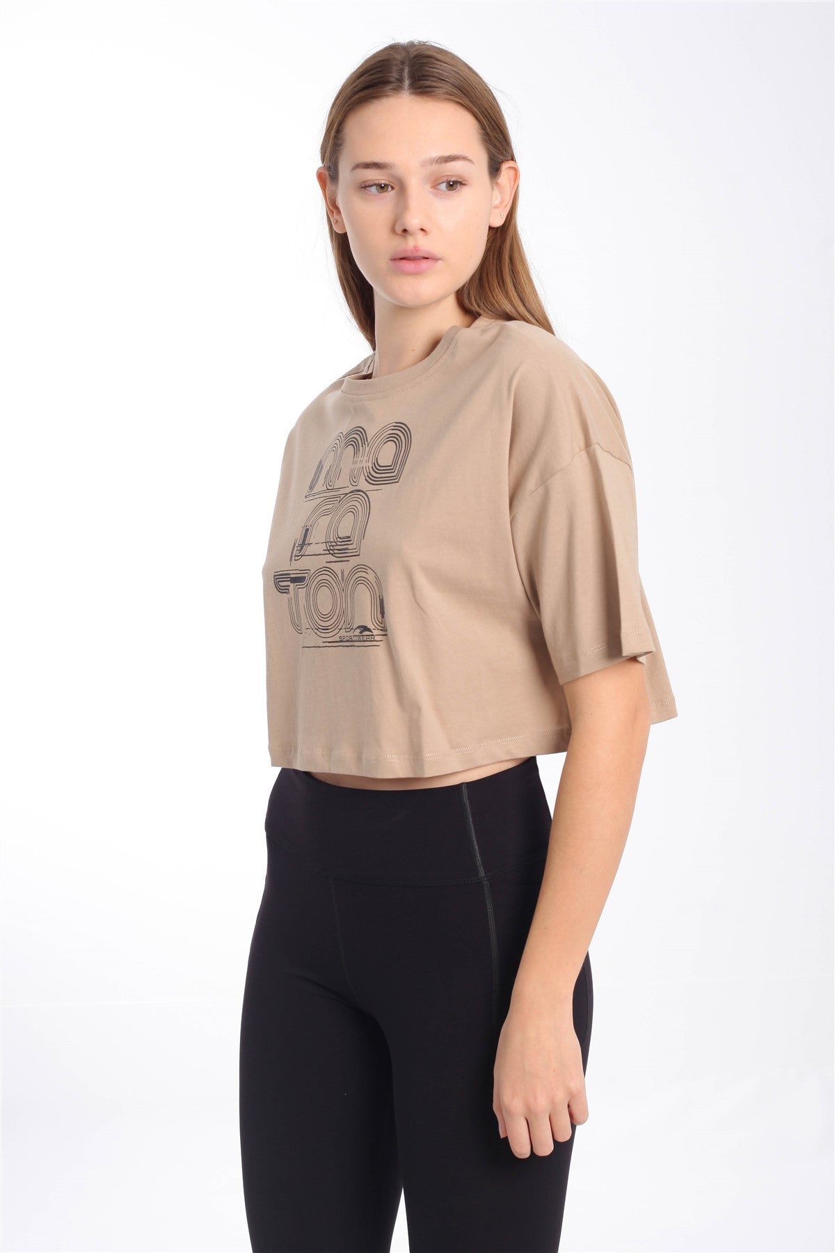 Comfort Kadın Bisiklet Yaka Bej Crop Top