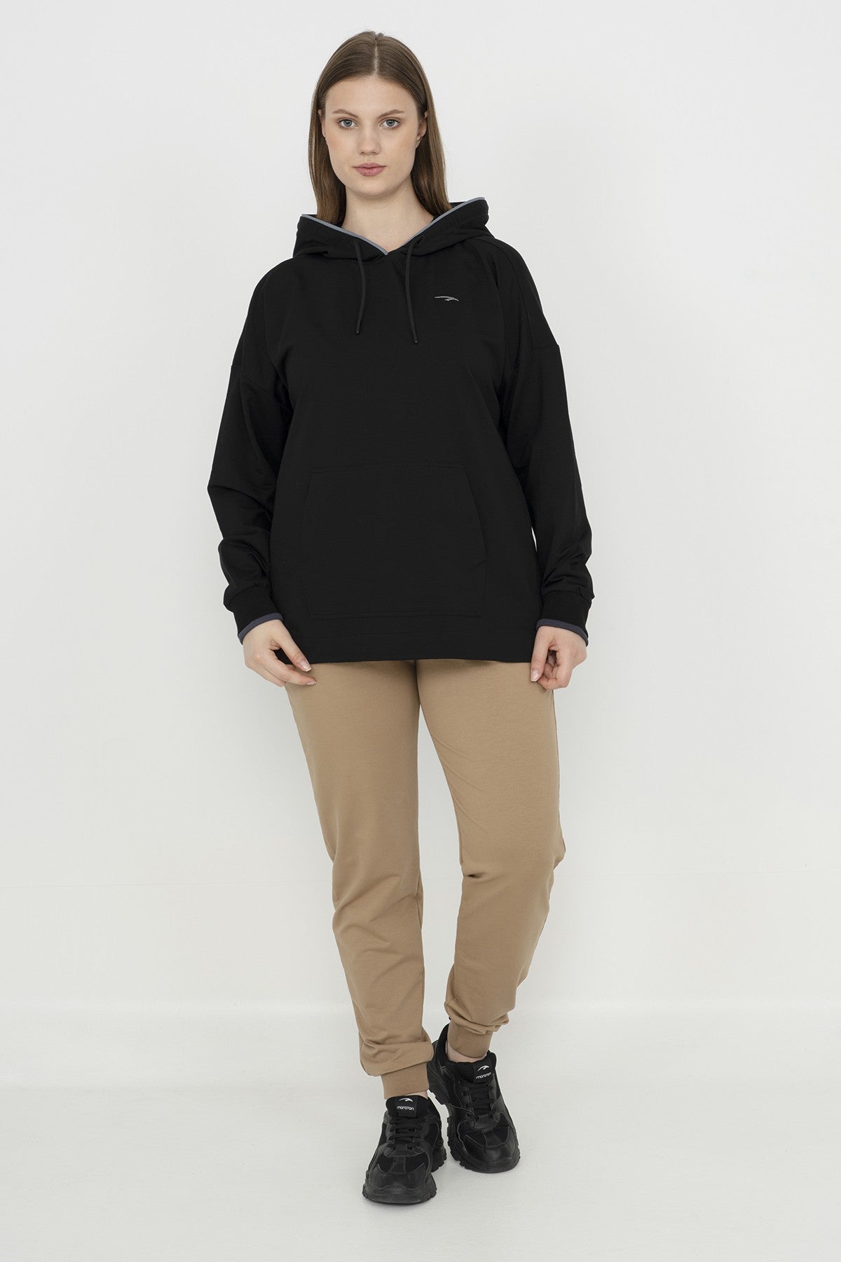 Büyük Beden Kadın Kapüşonlu Siyah Sweatshirt