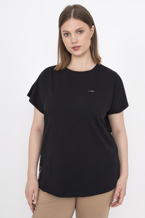 Büyük Beden Kadın Bisiklet Yaka Siyah T-shirt