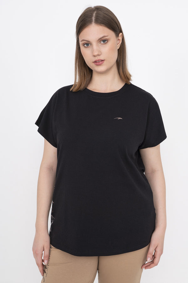 Büyük Beden Kadın Bisiklet Yaka Siyah T-shirt