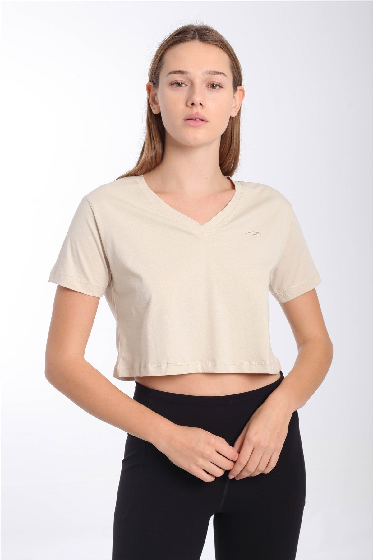 Regular Kadın V Yaka Bej Crop Top