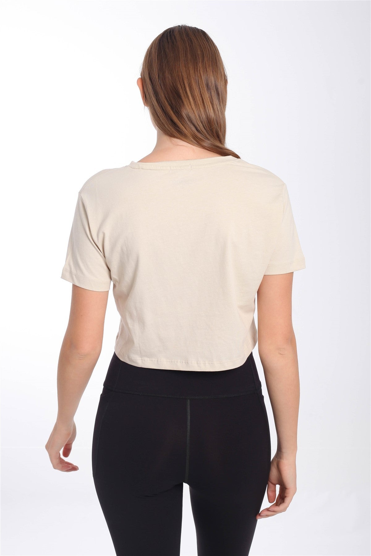 Regular Kadın V Yaka Bej Crop Top