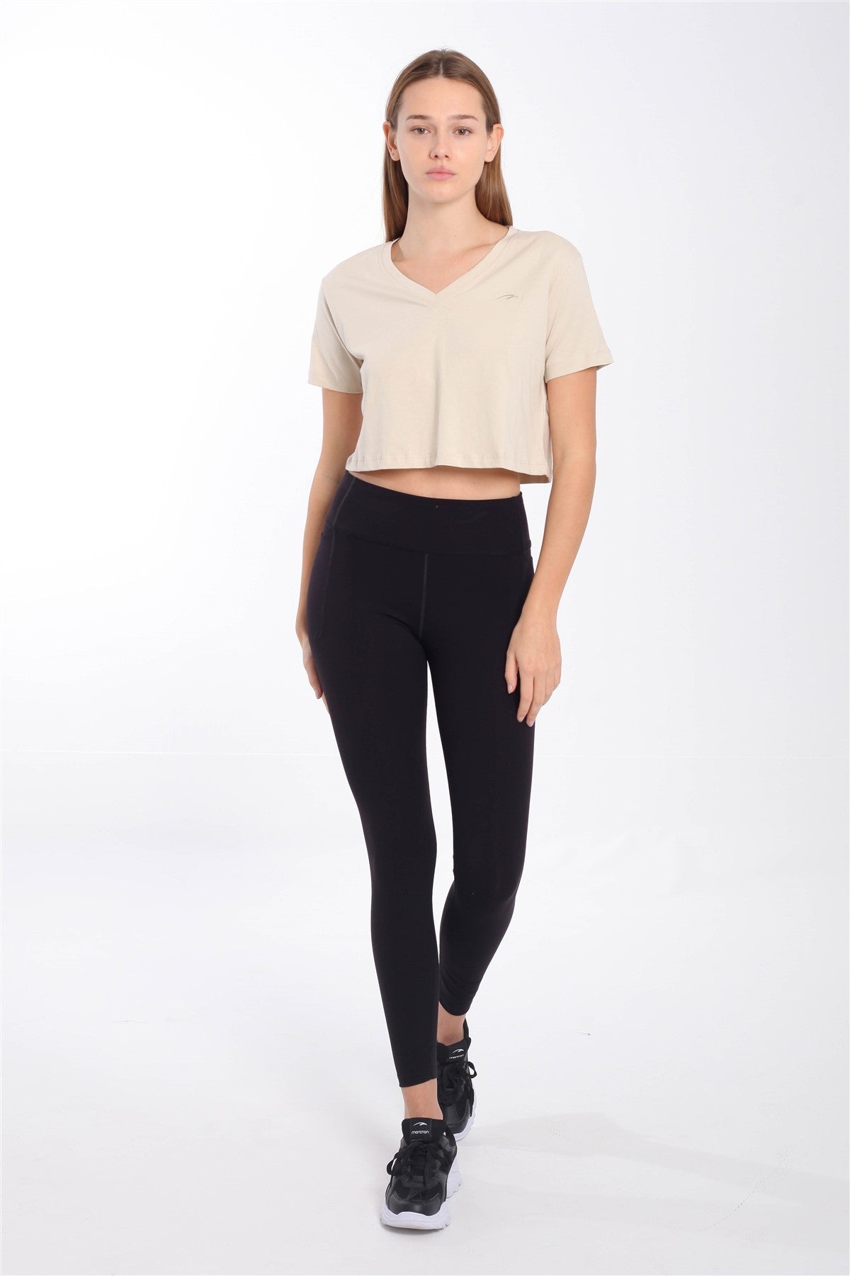 Regular Kadın V Yaka Bej Crop Top