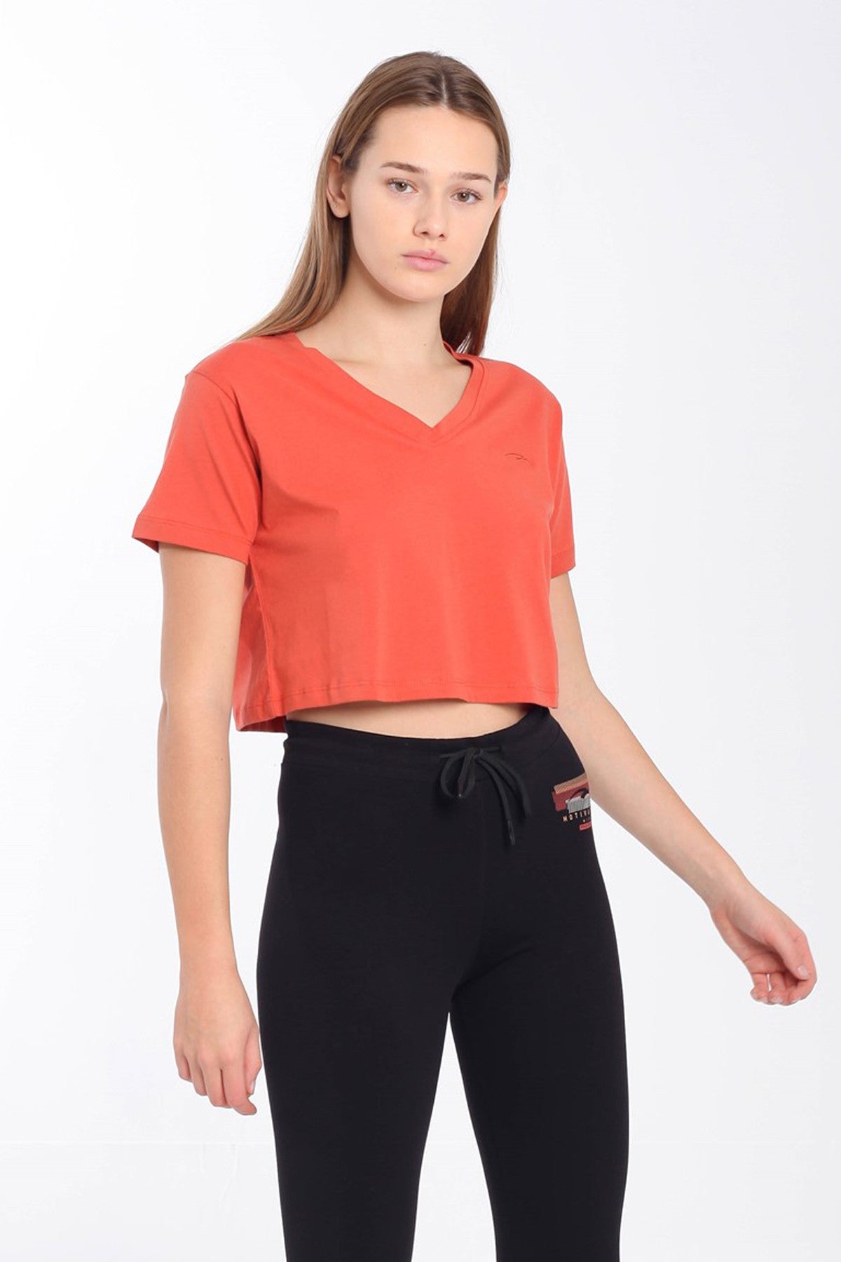 Regular Kadın V Yaka Kiremit Crop Top