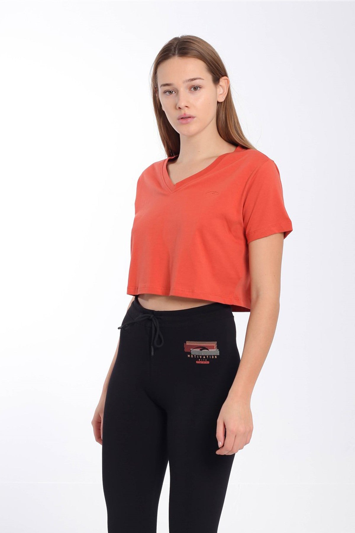 Regular Kadın V Yaka Kiremit Crop Top