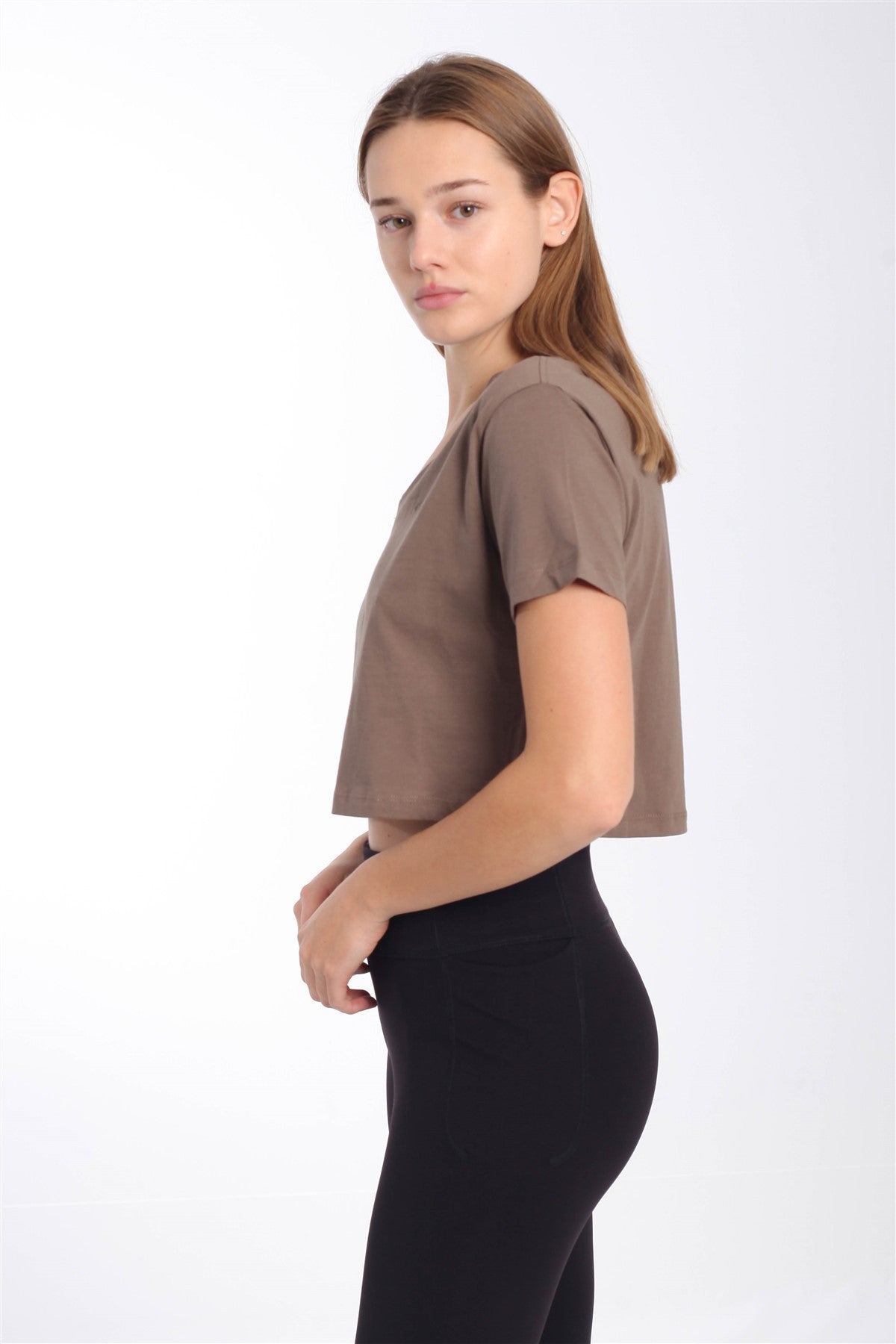 Regular Kadın V Yaka Kahverengi Crop Top