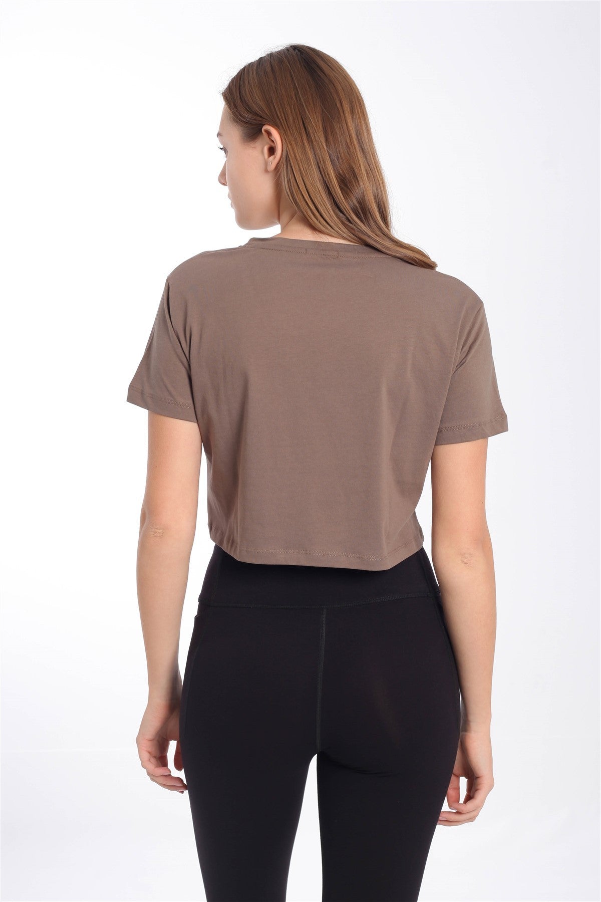 Regular Kadın V Yaka Kahverengi Crop Top