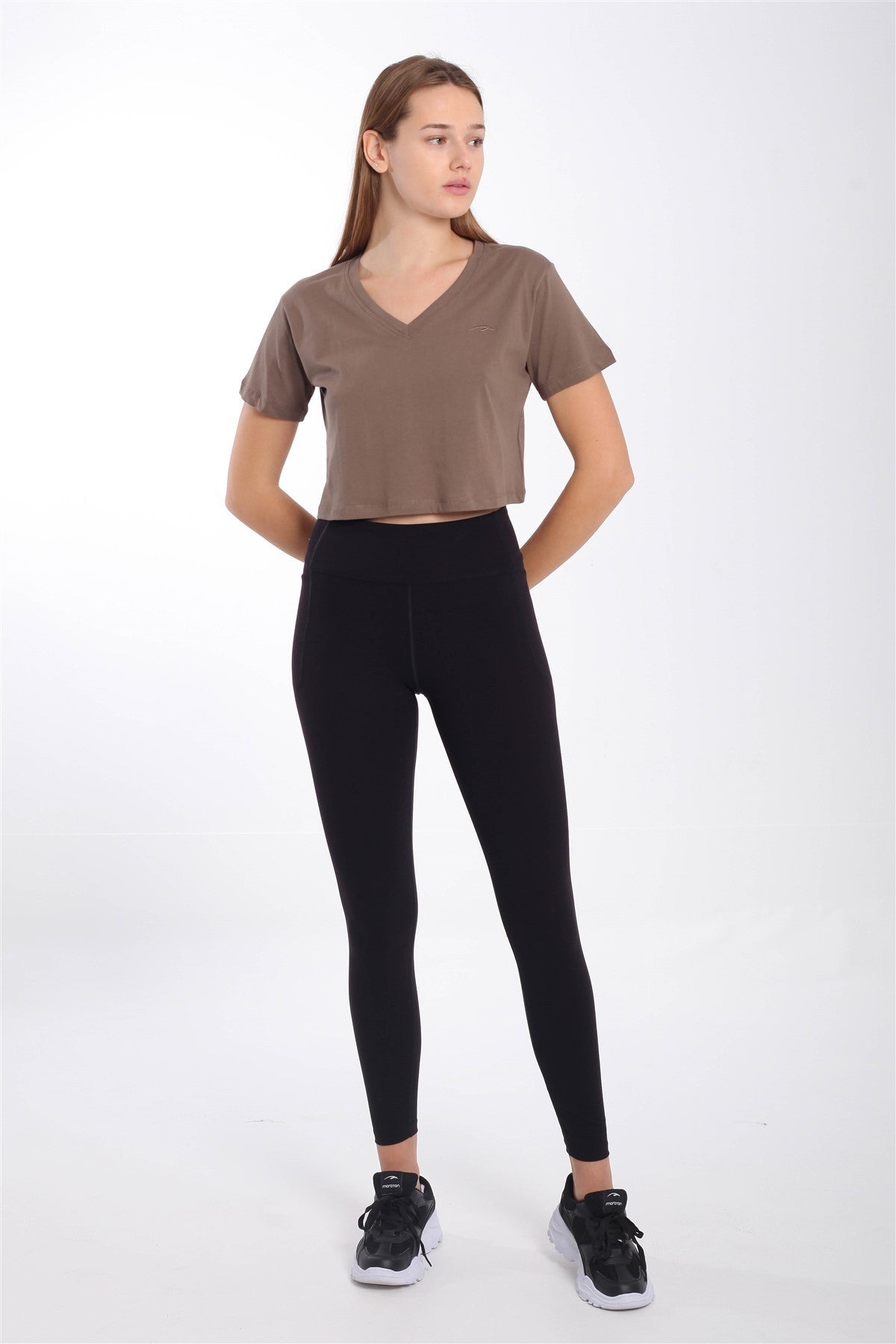 Regular Kadın V Yaka Kahverengi Crop Top