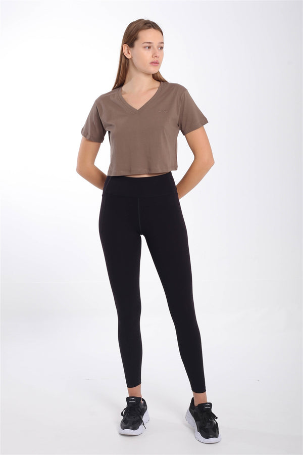 Regular Kadın V Yaka Kahverengi Crop Top