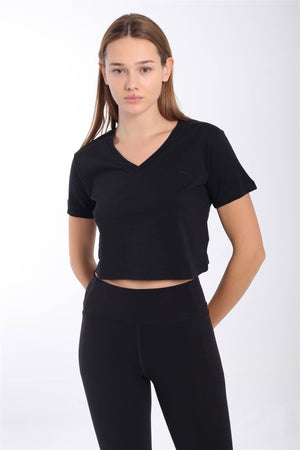 Regular Kadın V Yaka Siyah Crop Top