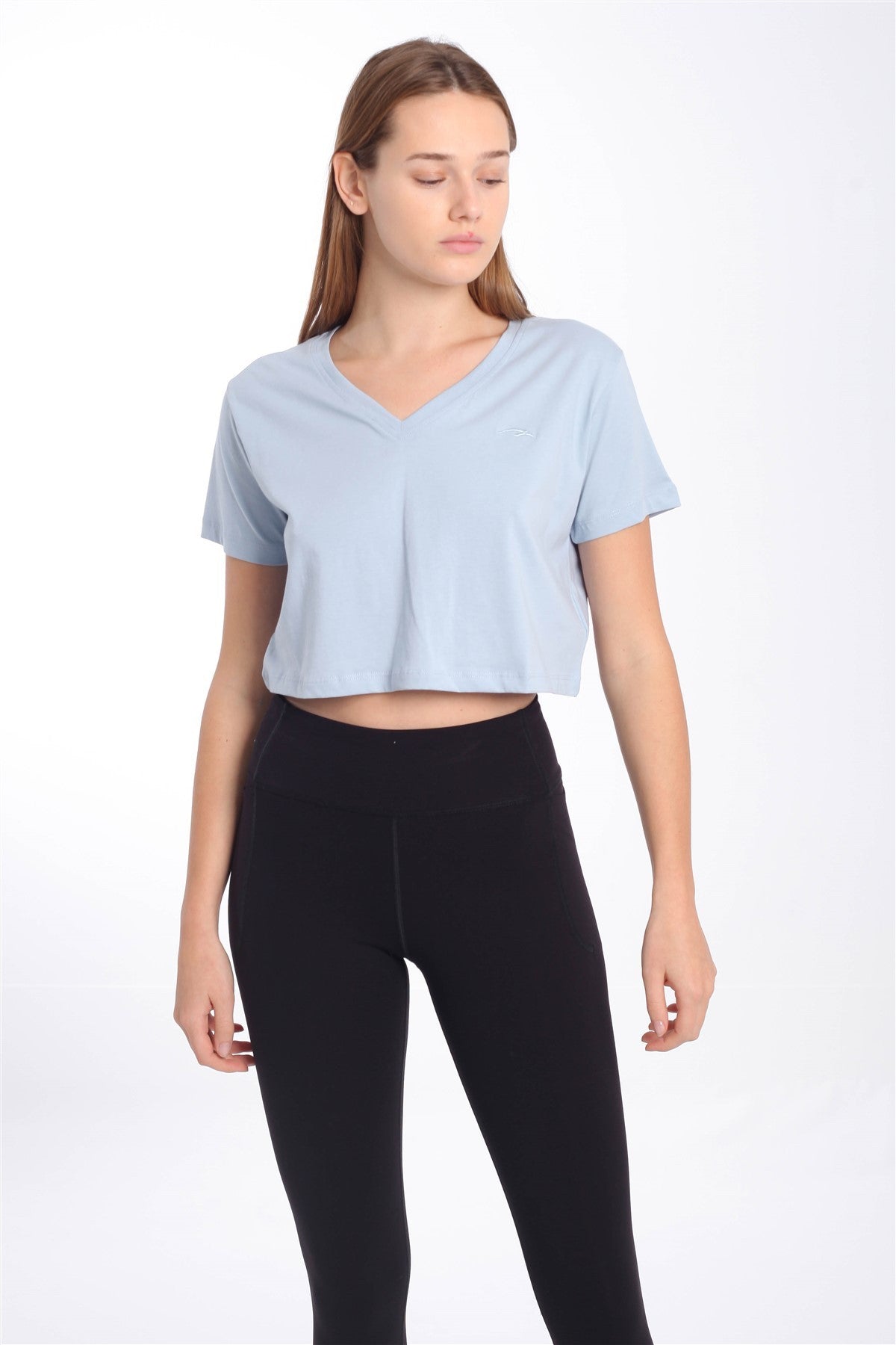 Regular Kadın V Yaka Açık Mavi Crop Top