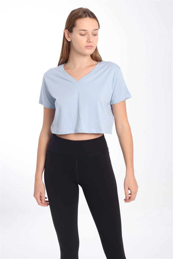 Regular Kadın V Yaka Açık Mavi Crop Top
