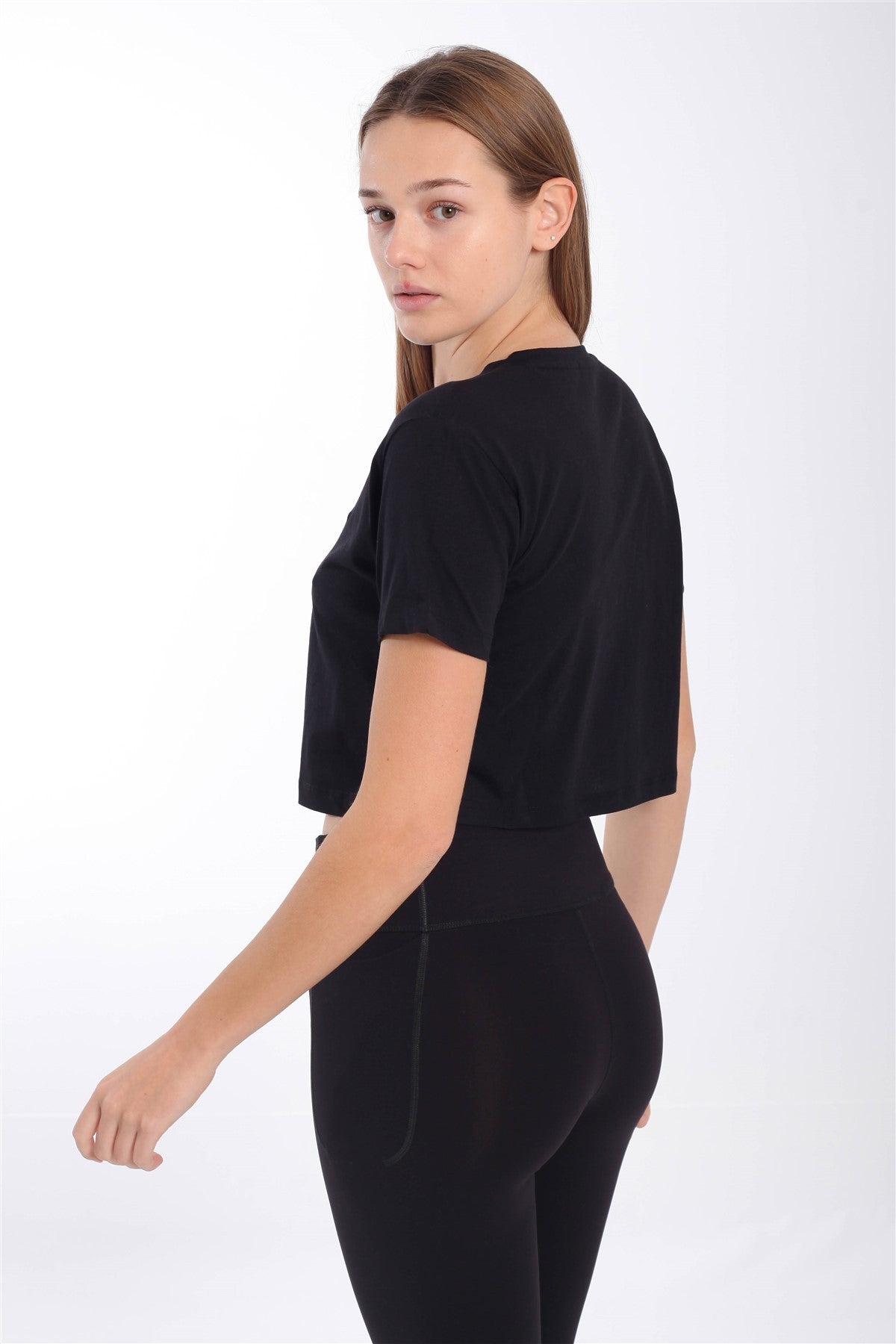 Regular Kadın V Yaka Siyah Crop Top