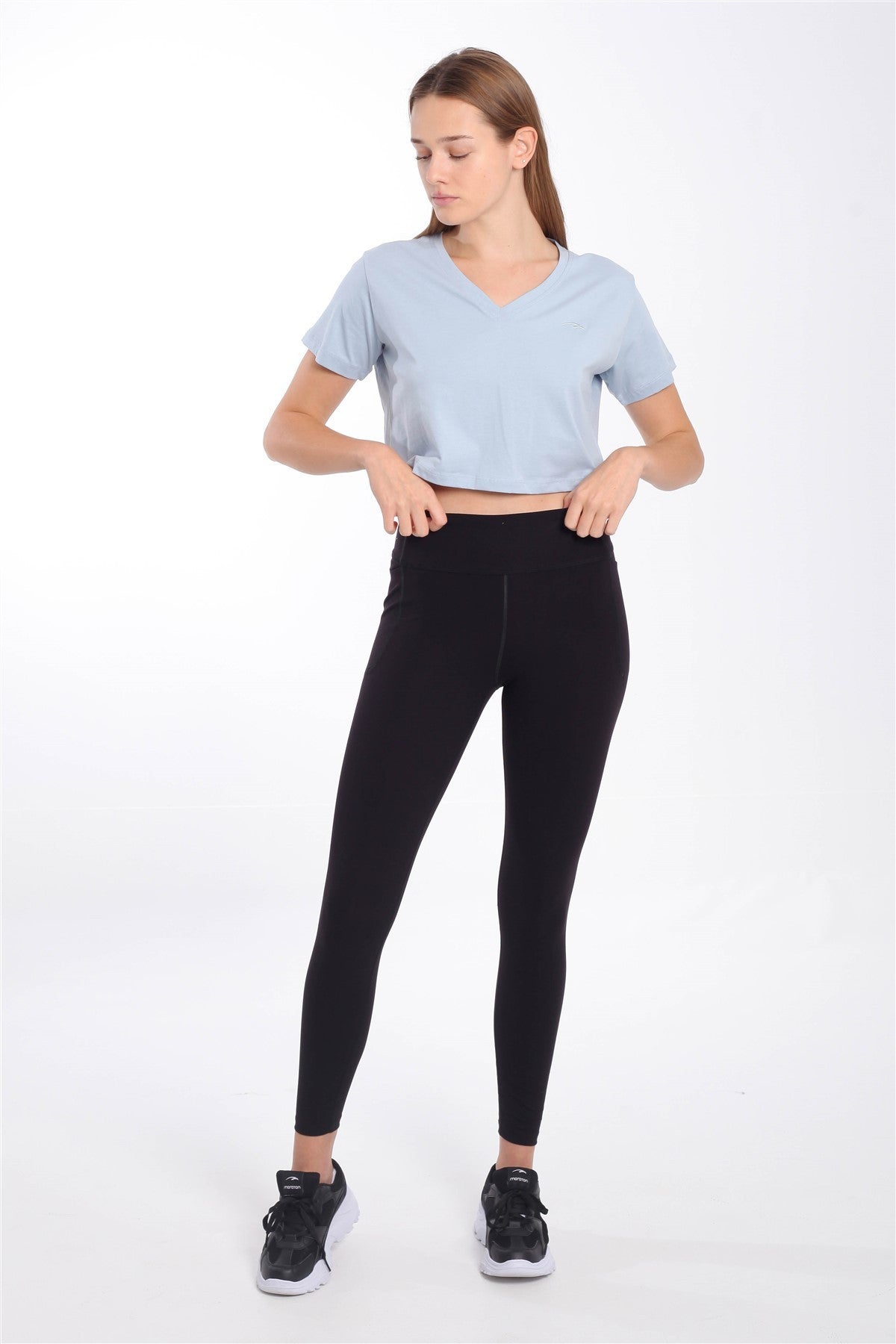 Regular Kadın V Yaka Açık Mavi Crop Top