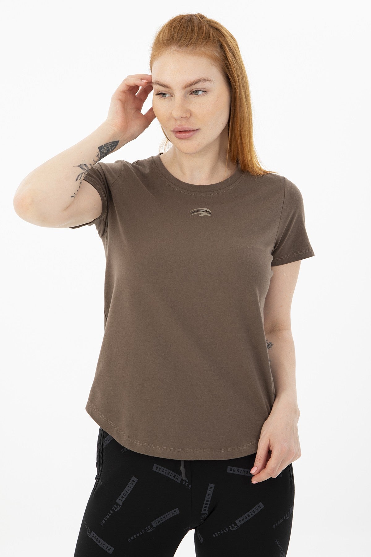 Regular Kadın Bisiklet Yaka Kahverengi T-shirt