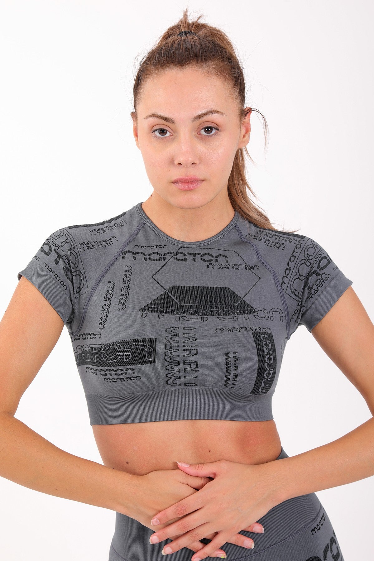 SlimFit Kadın Bisiklet Yaka Antrasit Crop Top