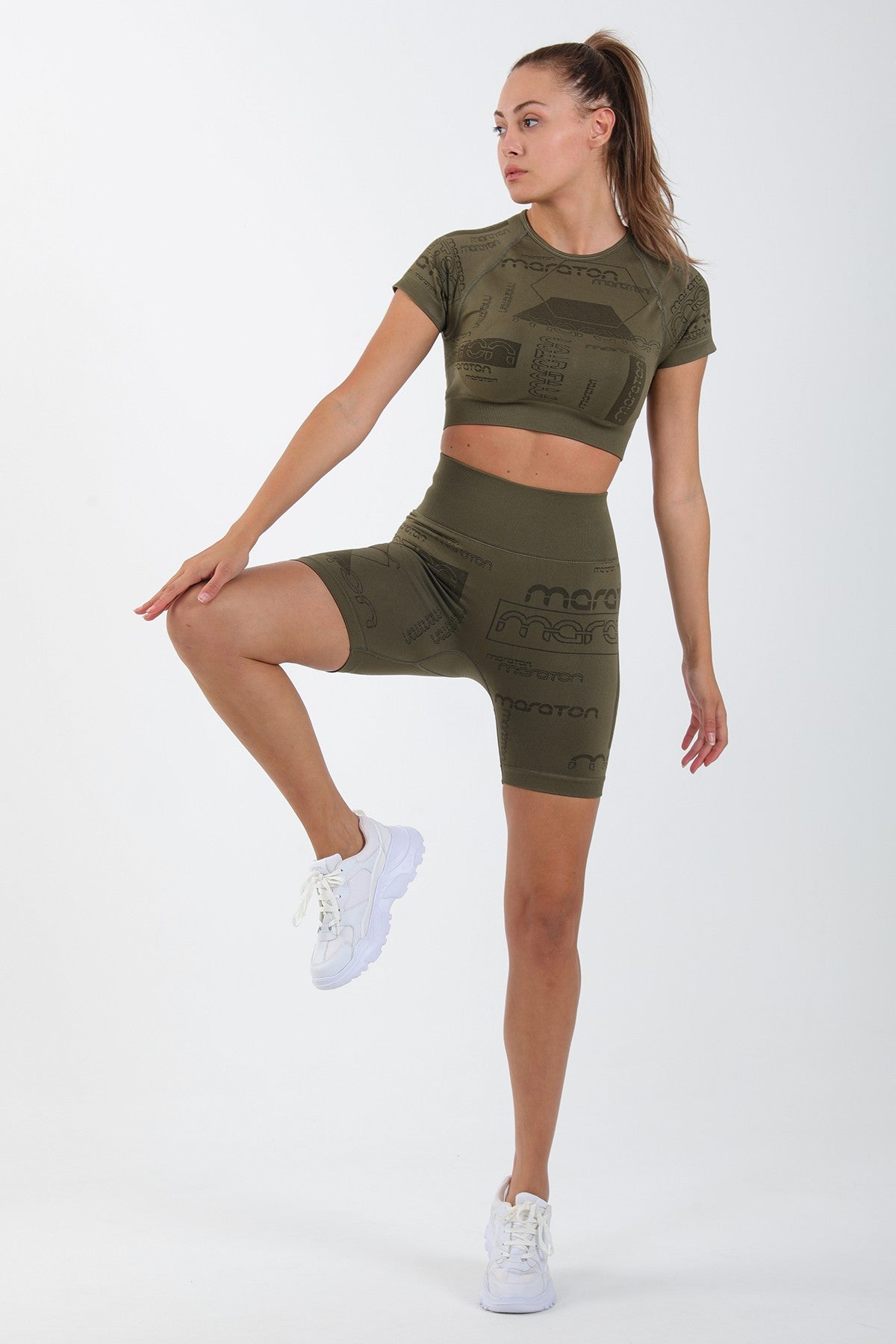 SlimFit Kadın Bisiklet Yaka Haki Crop Top