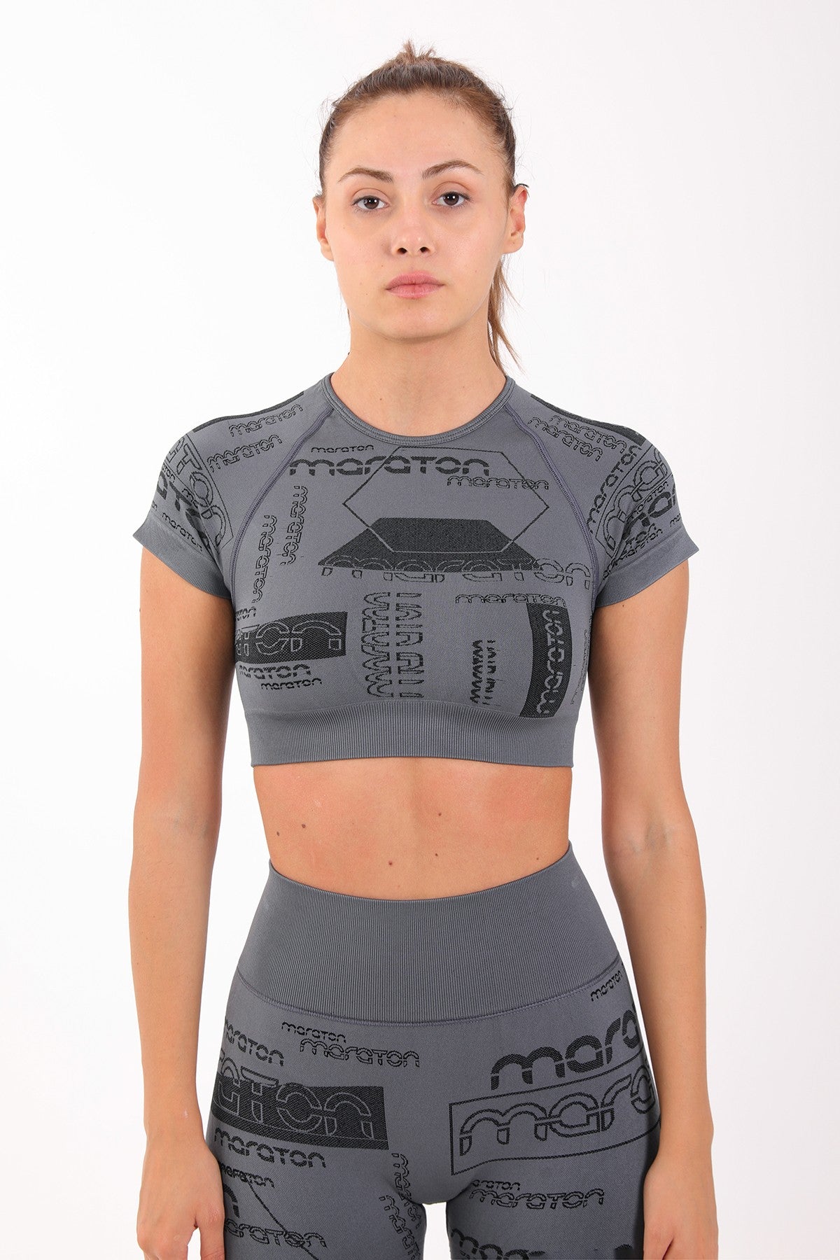 SlimFit Kadın Bisiklet Yaka Antrasit Crop Top
