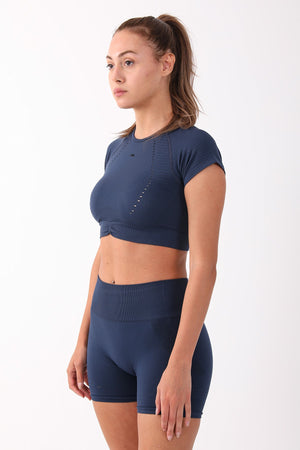 SlimFit Kadın Bisiklet Yaka Lacivert Crop Top