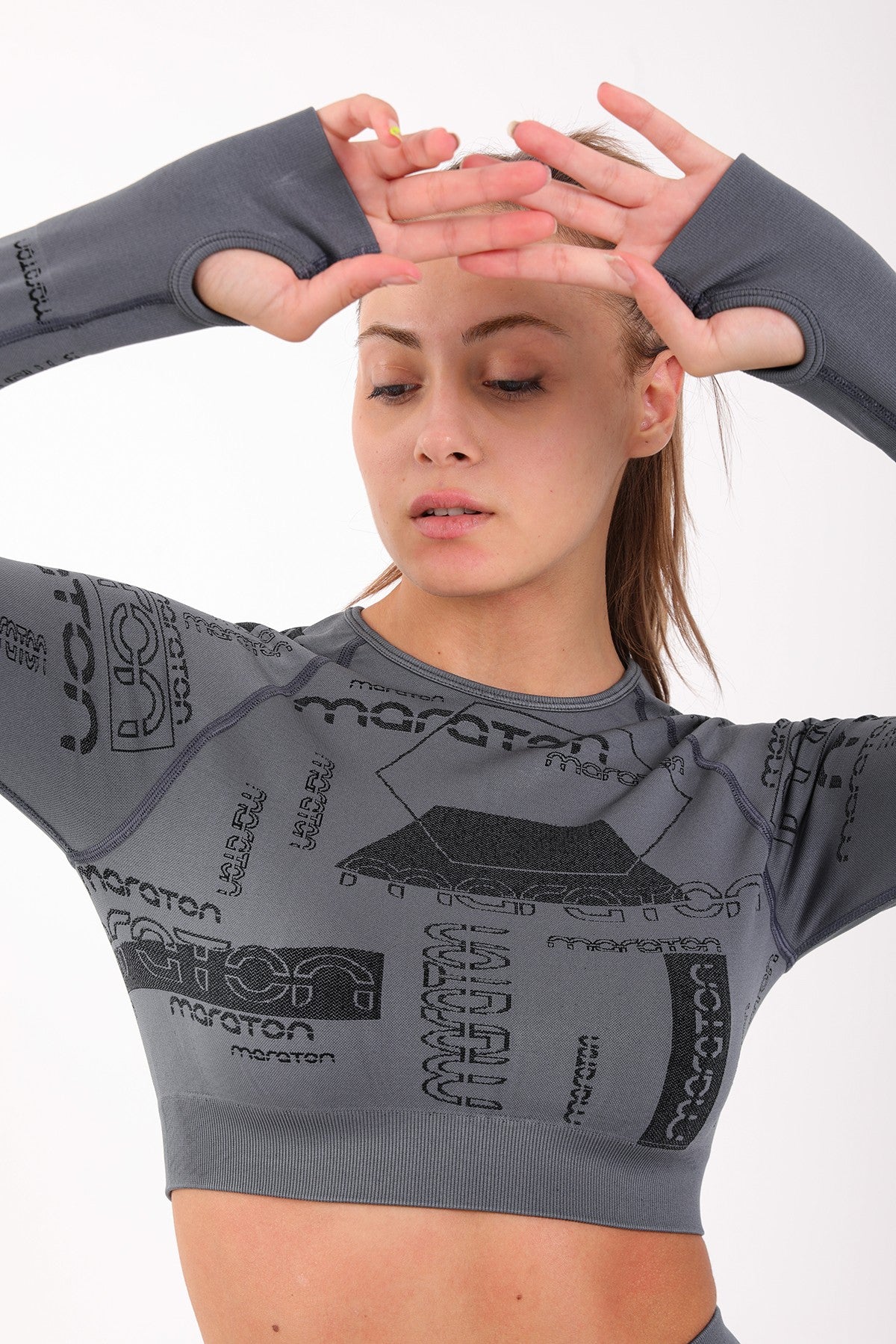 SlimFit Kadın Bisiklet Yaka Antrasit Crop Top