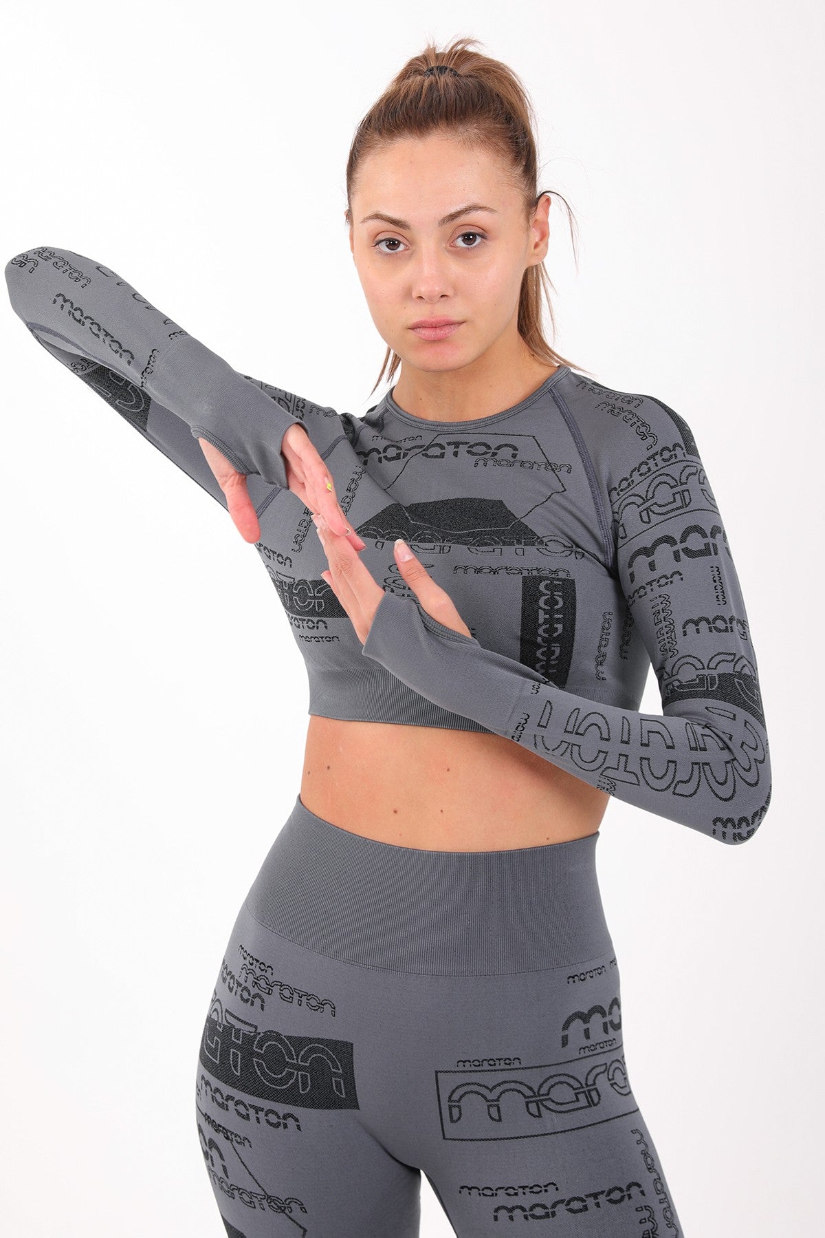 SlimFit Kadın Bisiklet Yaka Antrasit Crop Top