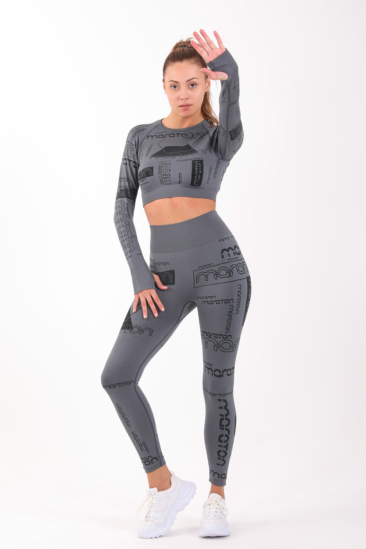 SlimFit Kadın Bisiklet Yaka Antrasit Crop Top