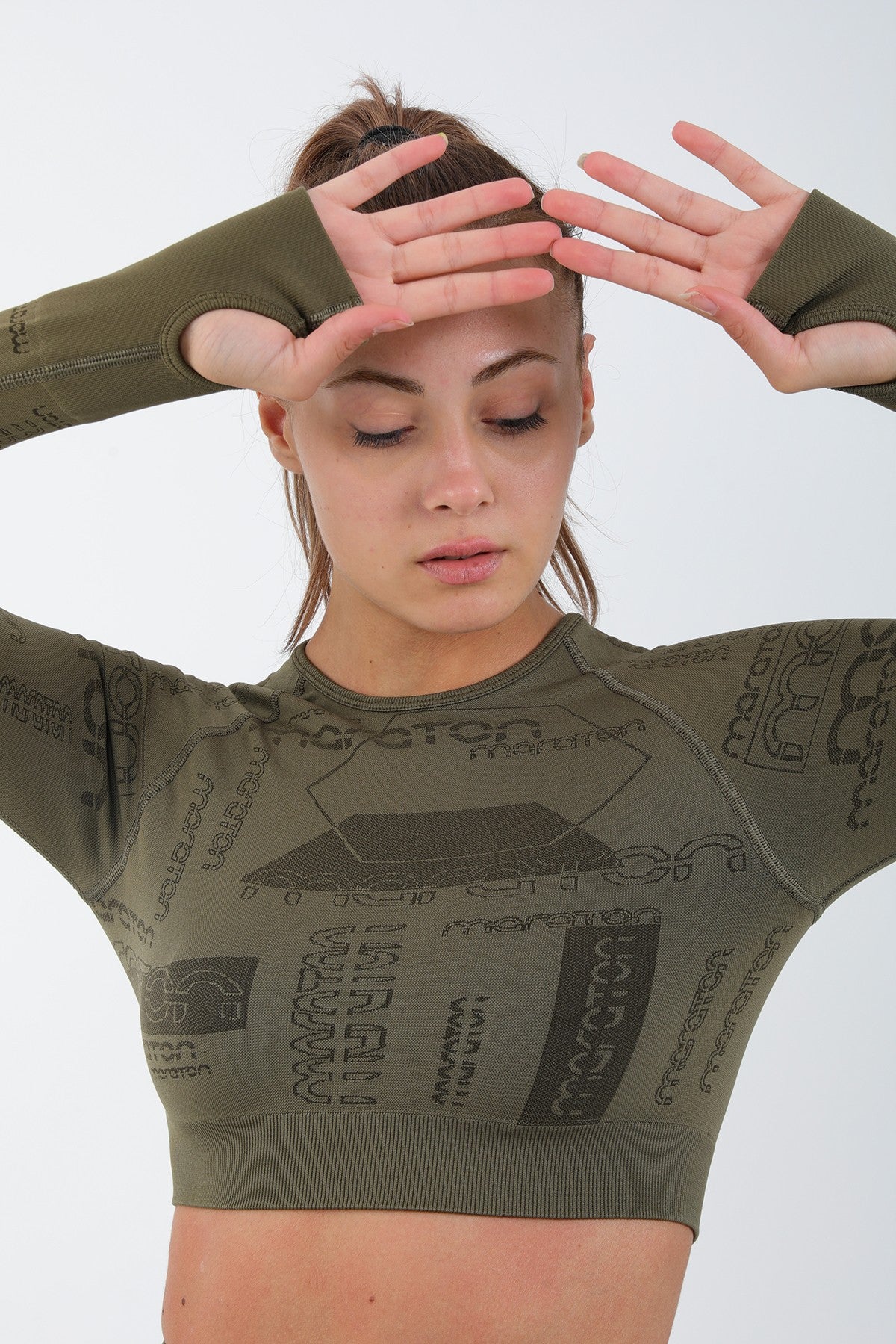 SlimFit Kadın Bisiklet Yaka Haki Crop Top