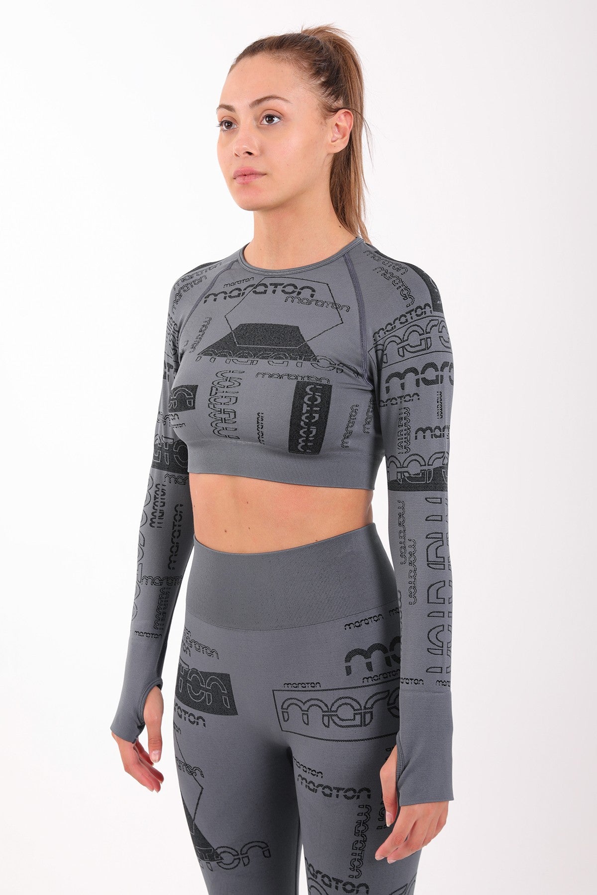 SlimFit Kadın Bisiklet Yaka Antrasit Crop Top