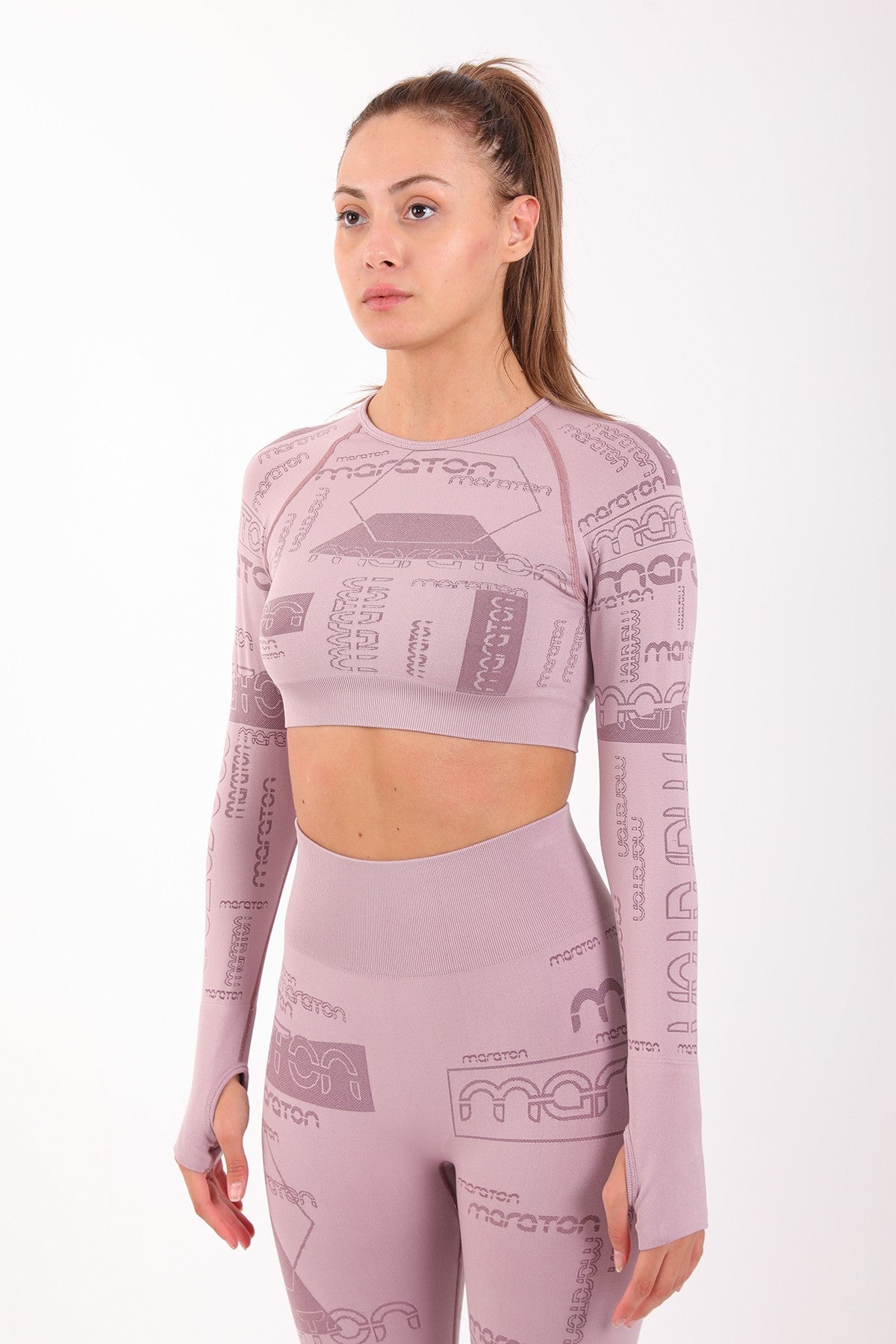 SlimFit Kadın Bisiklet Yaka Lila Crop Top