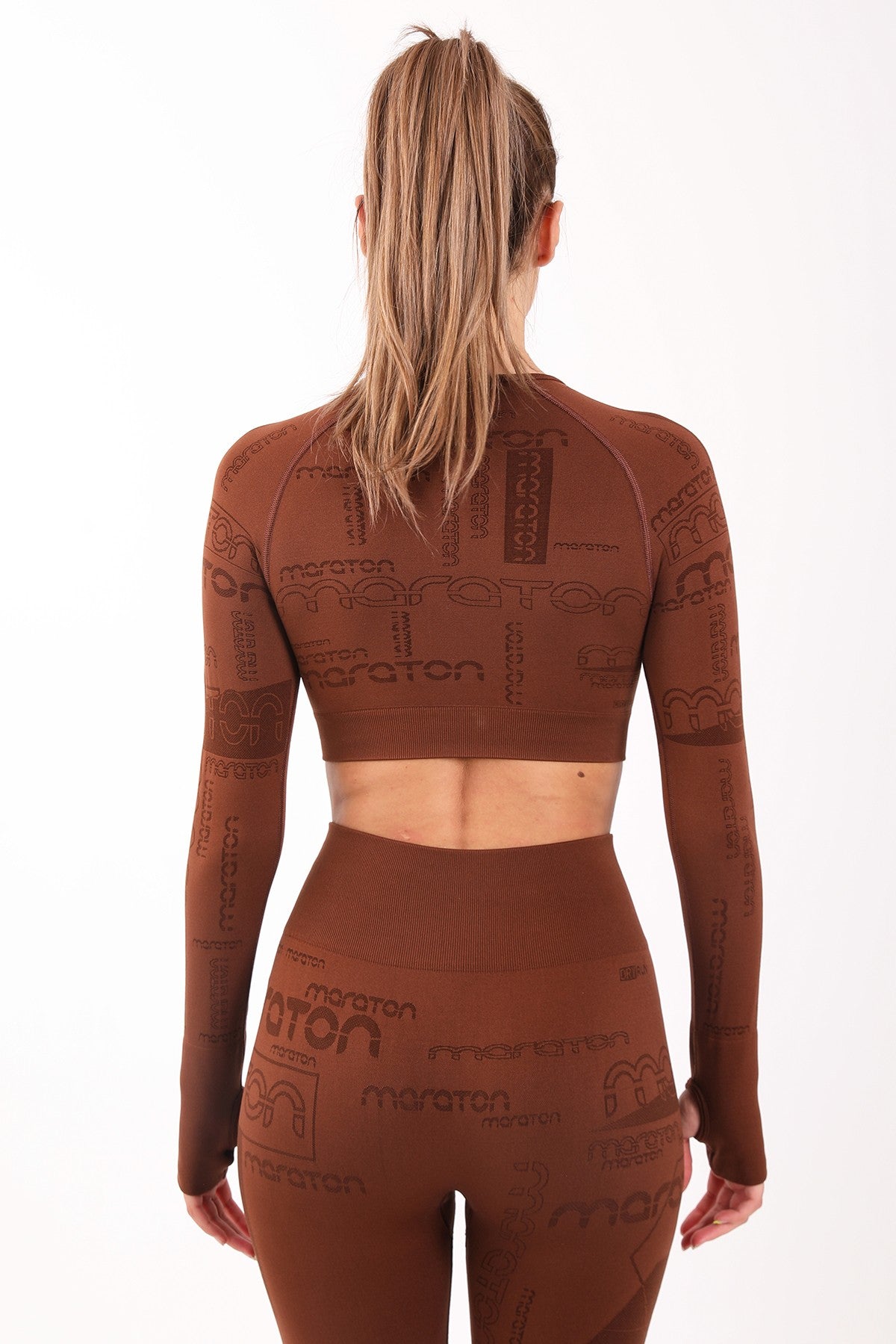 SlimFit Kadın Bisiklet Yaka Kahverengi Crop Top