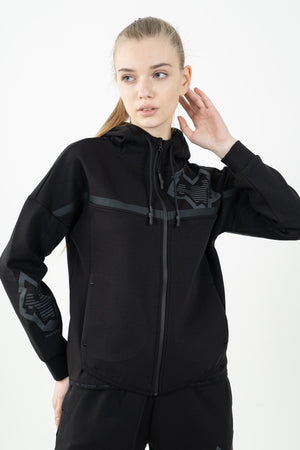 Regular Kadın Kapüşonlu Siyah Tracktop